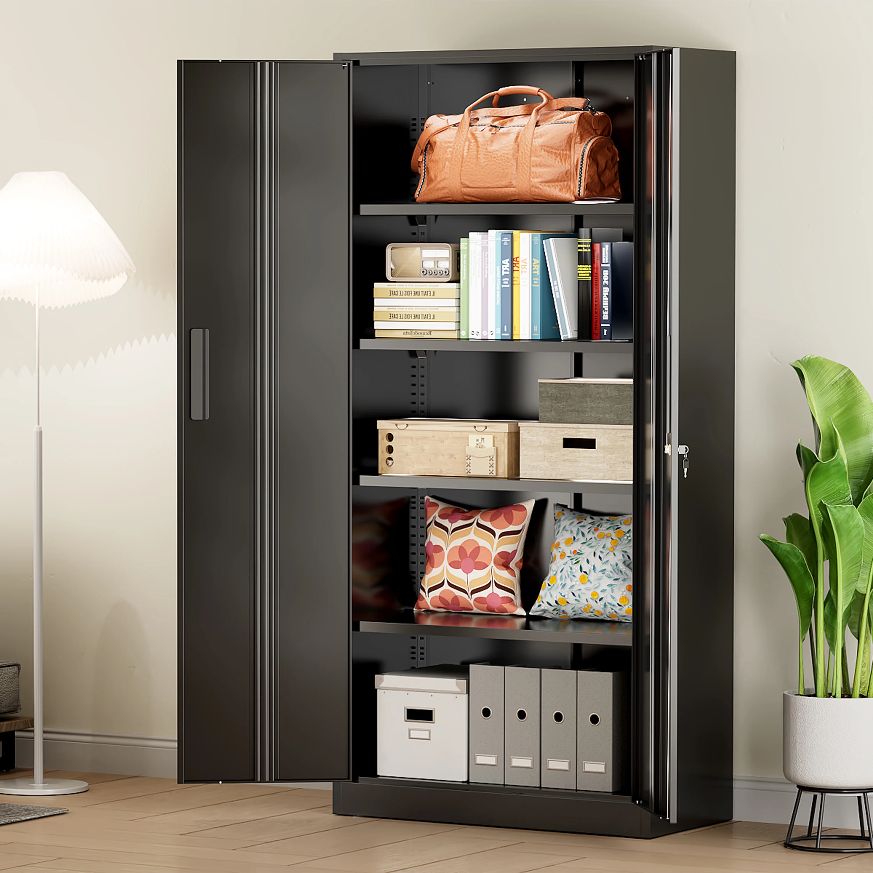 SUNCROWN 71 In Metal Storage Garage Cabinets with Locking Doors and Adjustable Shelves, Steel Storage Cabinet for Garage, Office, Classroom, Assemble Required(Black)