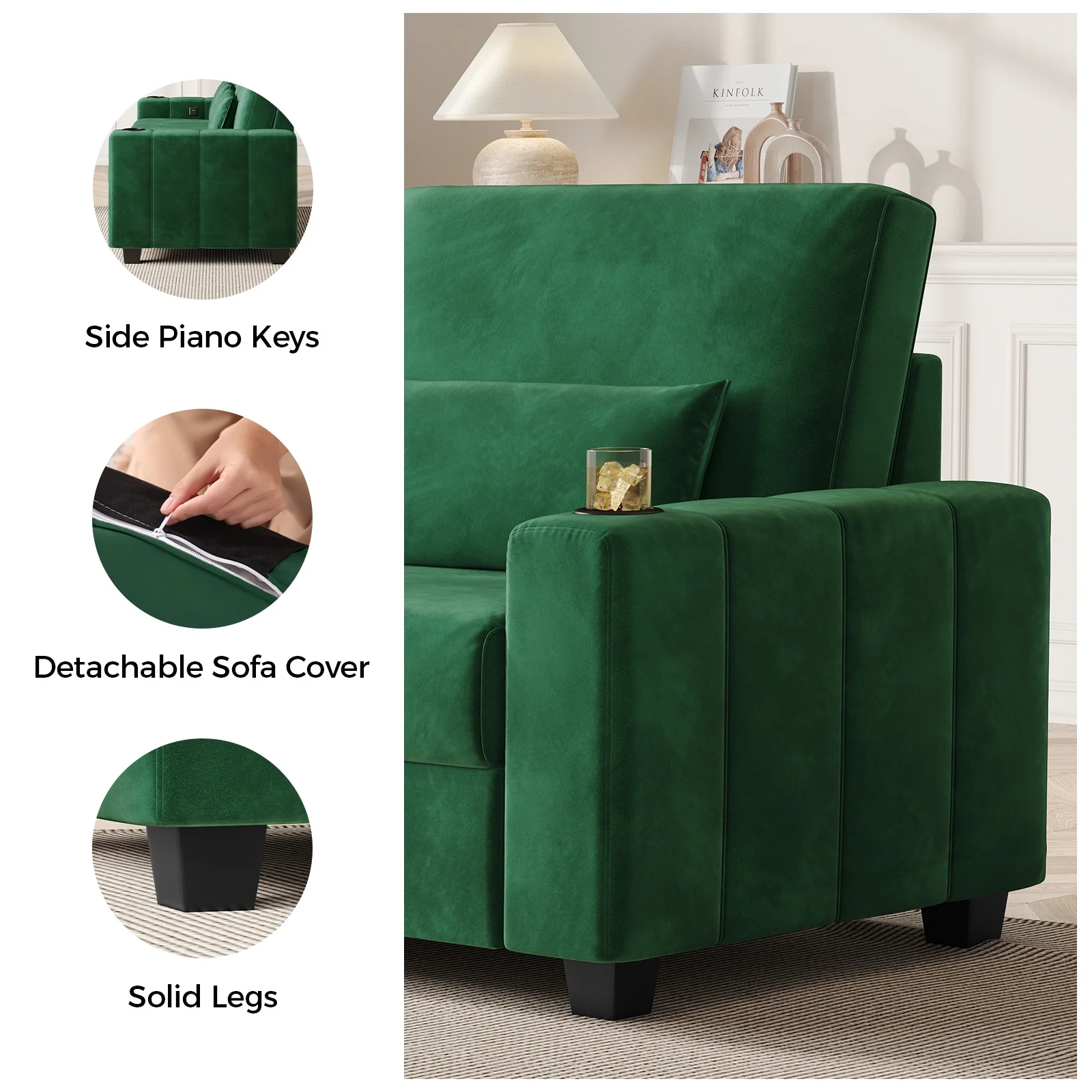 87-Large Loveseat Sofa, 3 Seater Couch with Storage, Velvet Fabric Deep Seat Sofa with Pillow& Cup Holders, Modern Comfy Sofa with USB& Type-C Ports, Home Sofa Couch for Living Room Bedroom