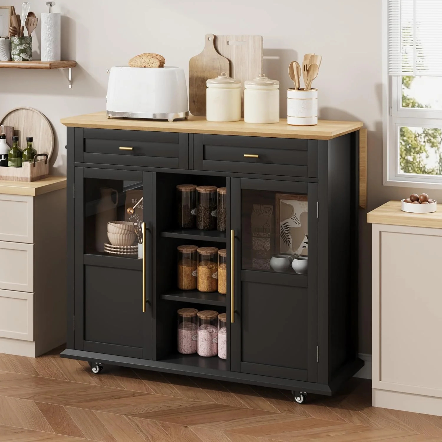 WALYWIK Foldable Kitchen Island Cart with Wheels, 2 Glass Doors, Spice Rack & Towel Holder -C Compact Mobile Storage Cart for Small Kitchens, Dining Rooms, Camping & RVs - Grey