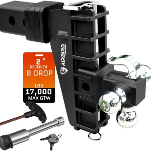 Adjustable Trailer Hitch Fits 2-Inch Receiver, Heavy Duty Tow Hitches (17000 LBS GTW) 6 Inch Drop Truck Hitch Tri-Ball Mount with Hook (1-7/8" x 2" x 2-5/16")