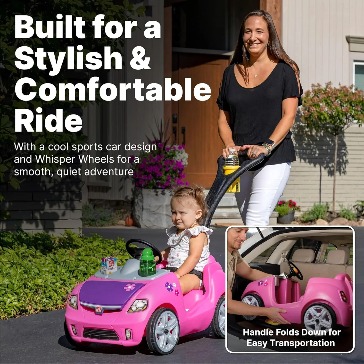 Step2 Whisper Ride II Ride On Push Toy Car Pink Ride On Car Seat Belt Easy Storage Transport