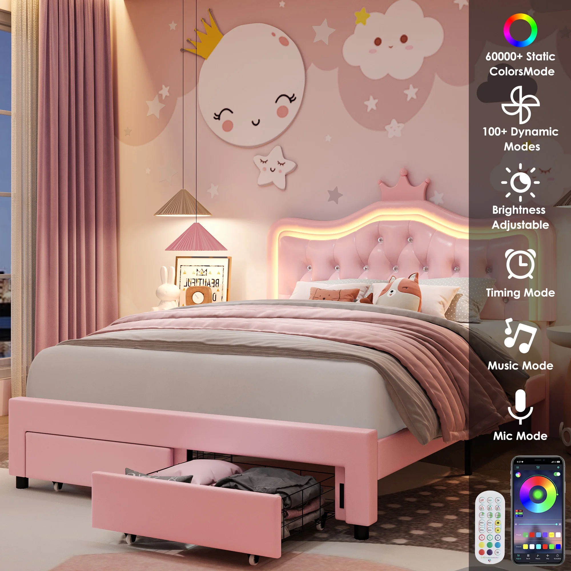 Homfa Full Size Bed, LED Upholstered Bed with Adjustable Crystal Button Tufted Crown Headboard, Soft PU Princess Platform Bed with Storage Drawers, Pink