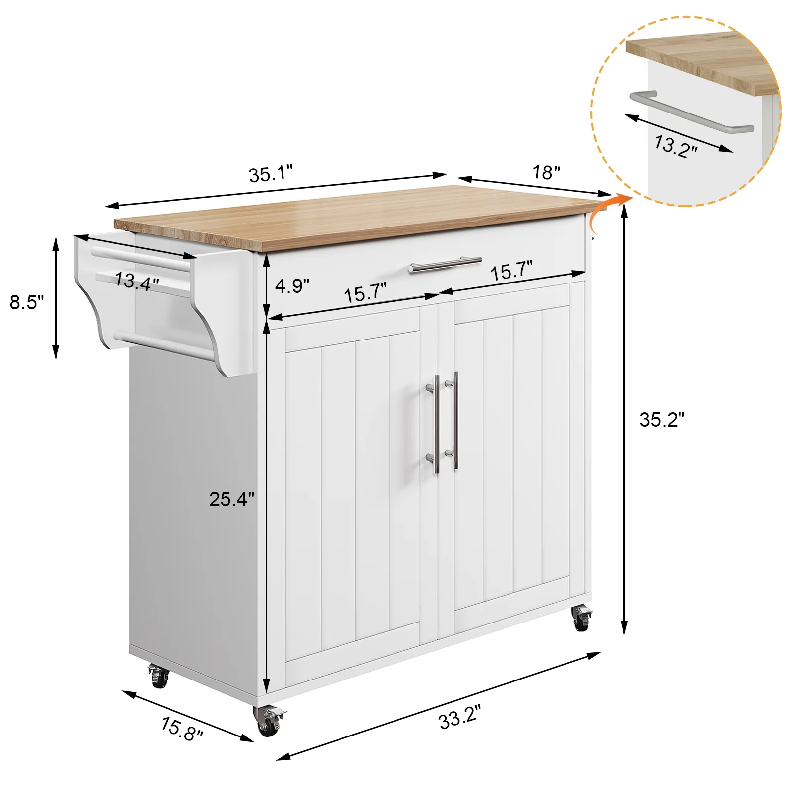Soscana Kitchen Island Storage,Rolling Kitchen Island with Wheels,Kitchen Cart with Storage Rack & Drawer,Solid Wood Countertop,Kitchen Kitchenware Storage Rack Operation Console,White