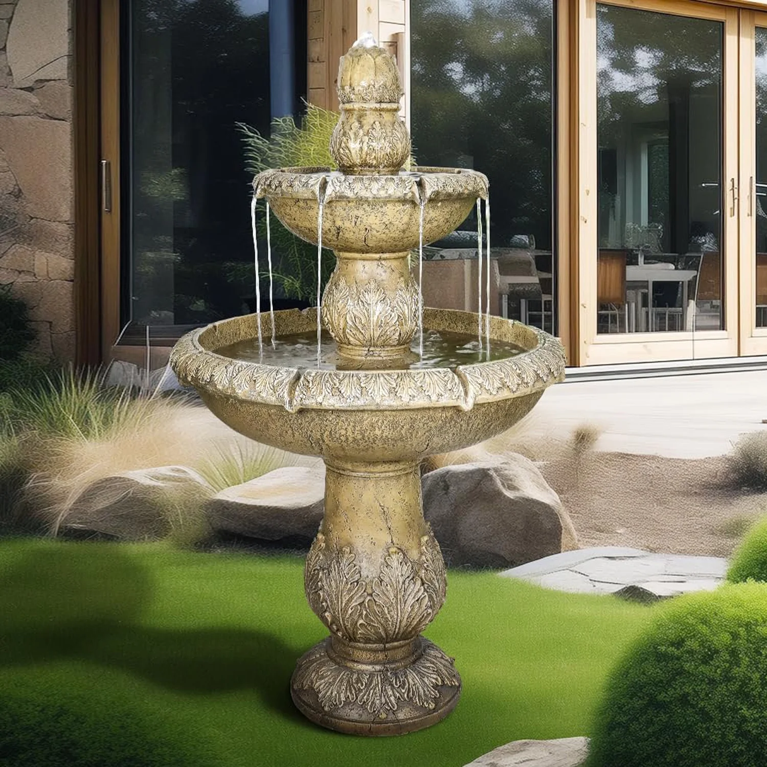 48-?H Outdoor Floor Water Fountain, 3-Tiers Concrete Water Fountain with Submersible Electric Pump - Garden Cascading Waterfall for Yard Patio Lawn Home Decor