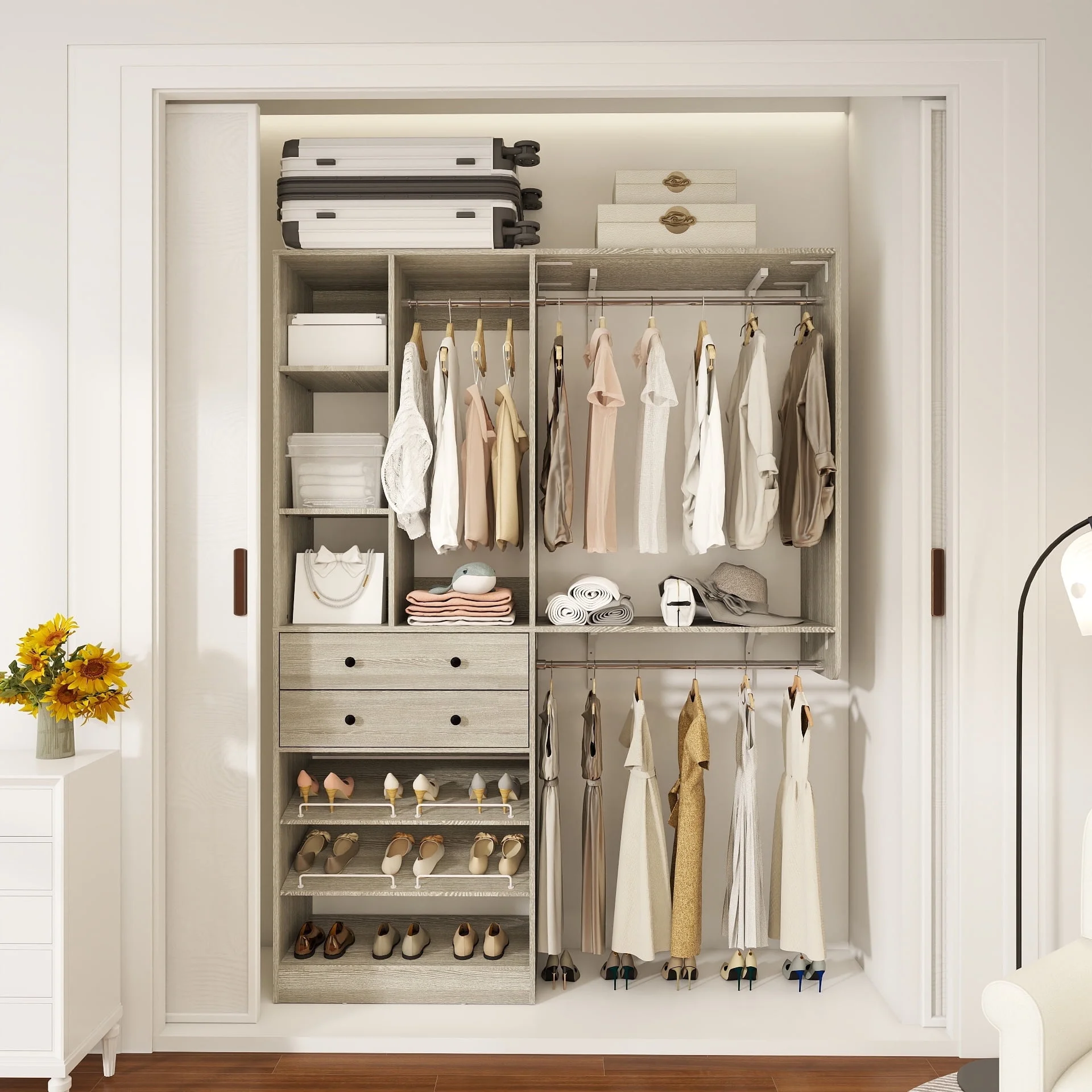 iSunirm 5FT Closet System with Drawers,5FT Closet System with Drawers, 60" Closet Organizer System with 2 Hanging Shelving Perfect Storage Solution for Organizing Your Closet