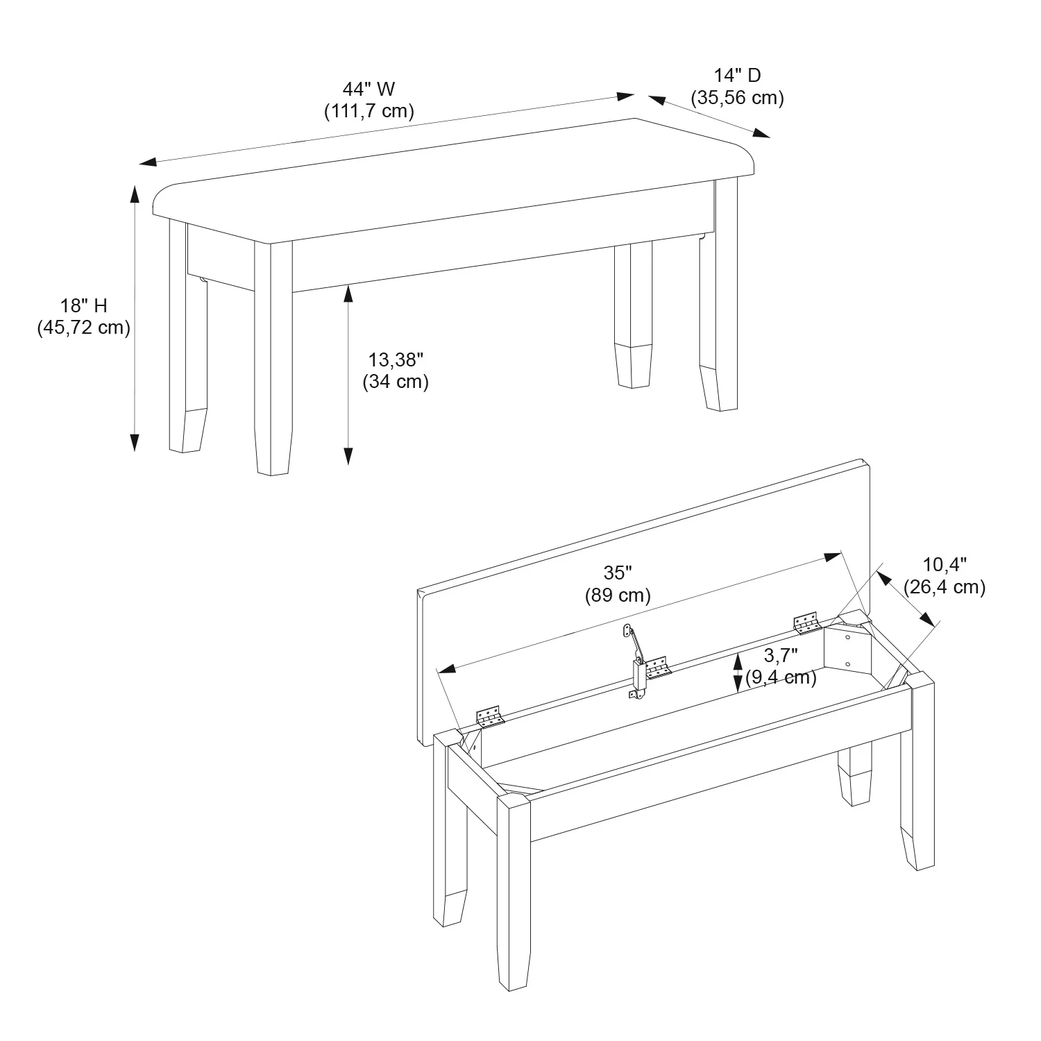 Kesten Farmhouse Dining Bench with Storage, Vanilla White Base with Rustic Taupe Fabric