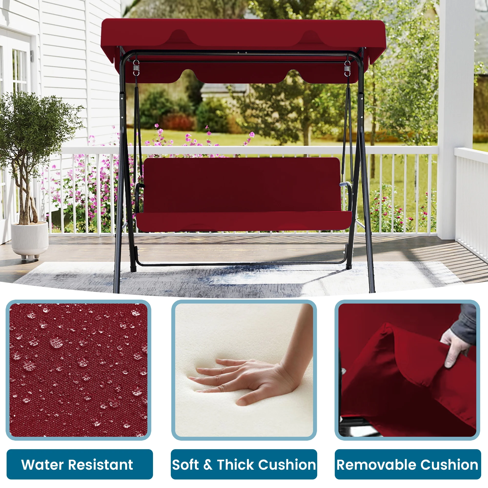 Melocadol 3 Seats Outdoor Porch Swing Glider, Patio Swing Chair with All Weather Covered Canopy and Rust Proof Heavy Duty Stand, for Garden, Lawn, or Backyard, Black