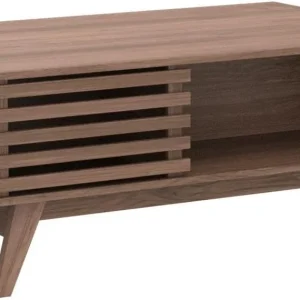 Mopio Ensley Mid Century Modern Rectangle Coffee Table with Dual Storage Shelf, Wood Slat Sliding Door, & Rounded Edge Protection for Living Room, Walnut Grain
