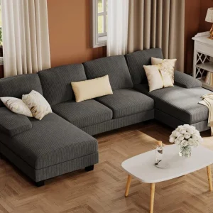 Furmax Sectional Couches for Living Room, U-Shaped Sofa Couch with Linen Fabric, 4 Seat Sofa Set with Double Chaise for Apartment (Fabric, Grey)