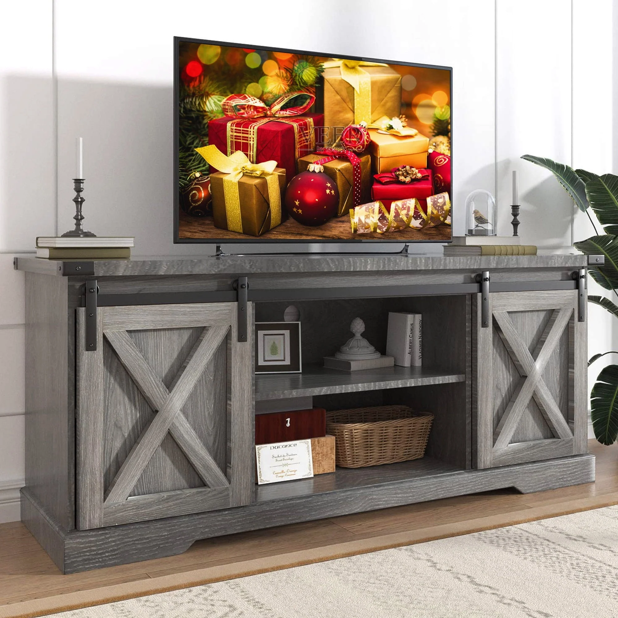 58" Farmhouse Coffee Bar Cabinet with Sliding Barn Door, Heavy Duty Sideboard Buffet Cabinet Kitchen Storage(Grey)