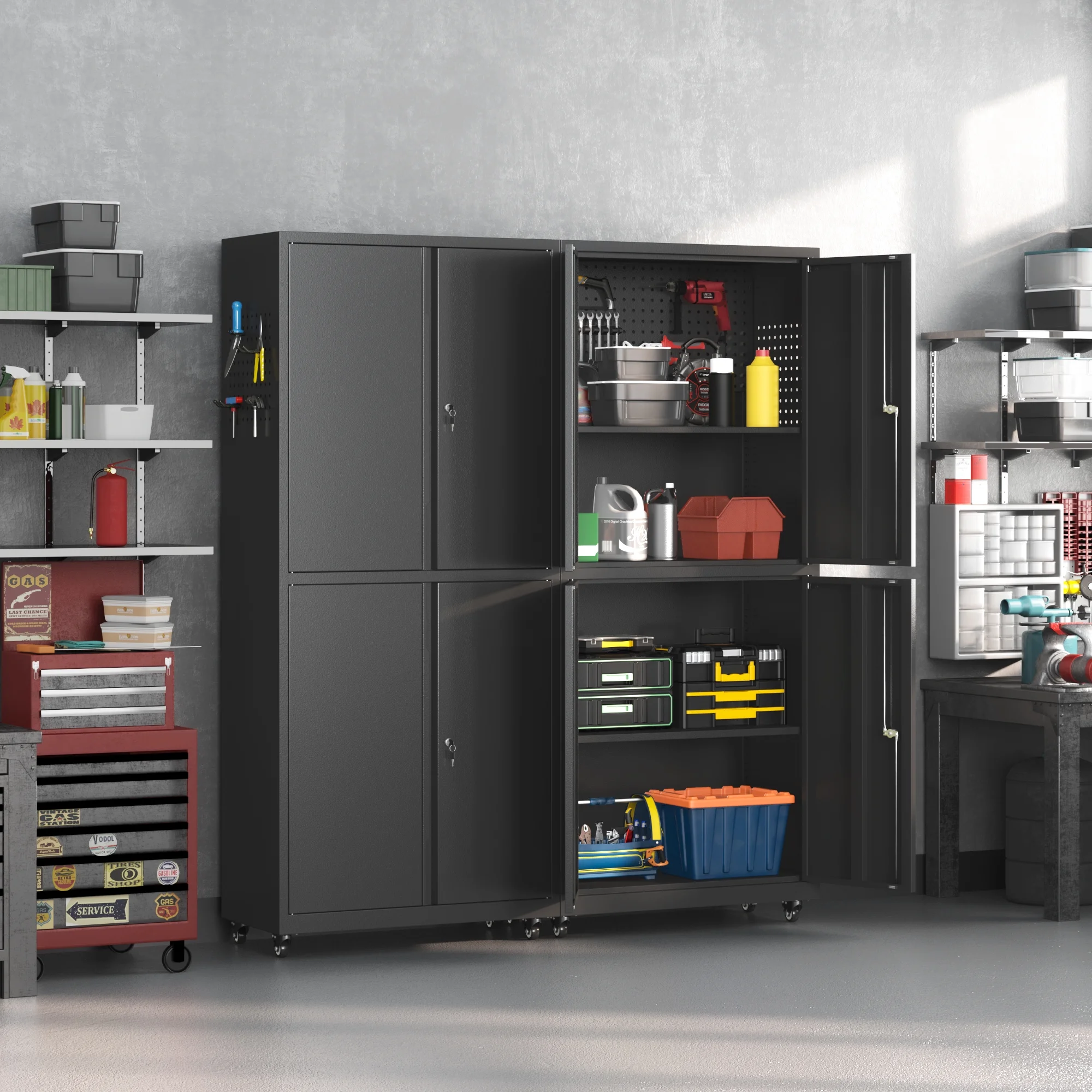 Firstsky Metal Garage Storage Cabinet with Wheels, Adjustable Rolling Tool Storage Cabinet with Lock, 34" Steel Locking Tool Cabinet with Doors and Shelves-Black&Gray, 34.3" H-