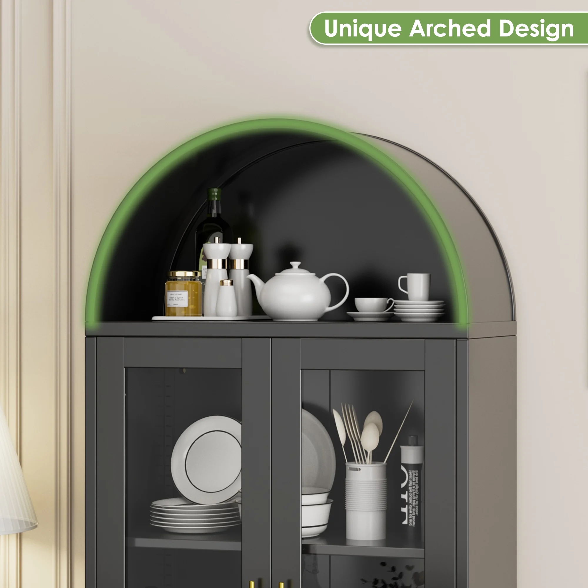 SUXXAN Metal Arched Storage Display Lockable Cabinets with Glass Doors and Adjustable Shelves, Assembly Required, Black