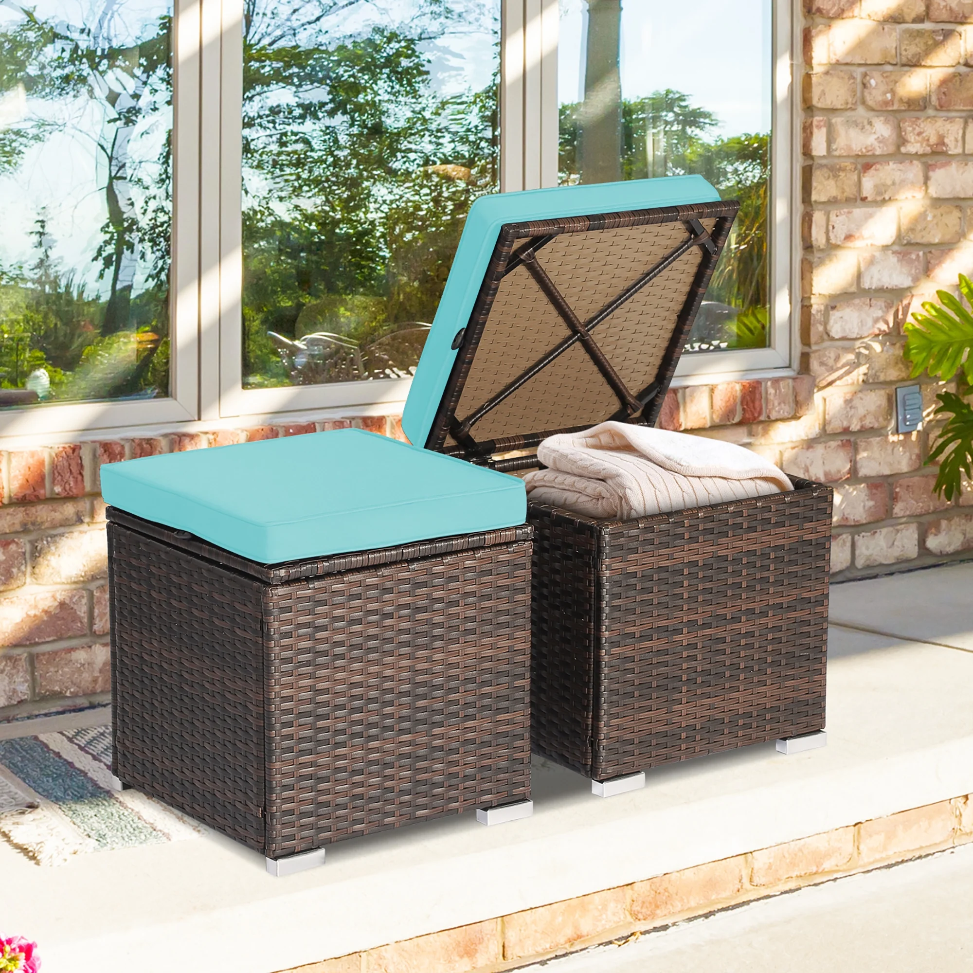 Costway 2PC Patio Rattan Ottoman Seat Side Table Storage Box Footrest Off White