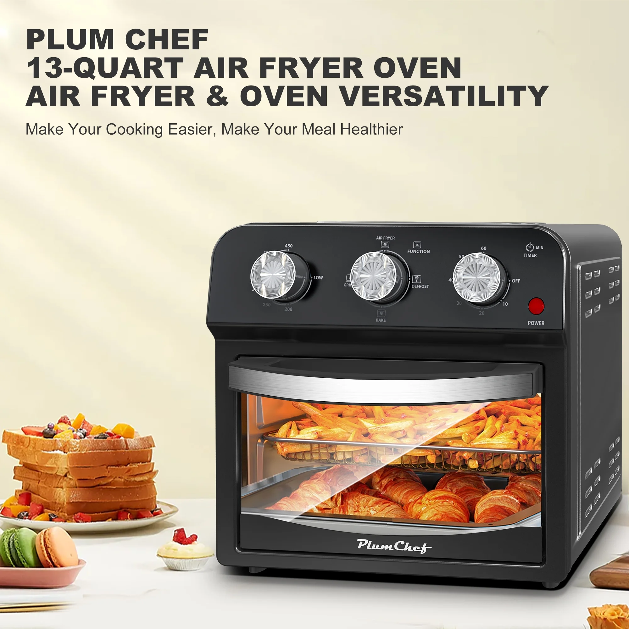 PlumChef 13 Quart 4 Slices Air Fryer Convection Toaster Oven, 1500W, 7 in 1 Multifunction with Roast, Bake, Grill, Broil, Toast, Dehydrate, Defrost, Stainless Steel