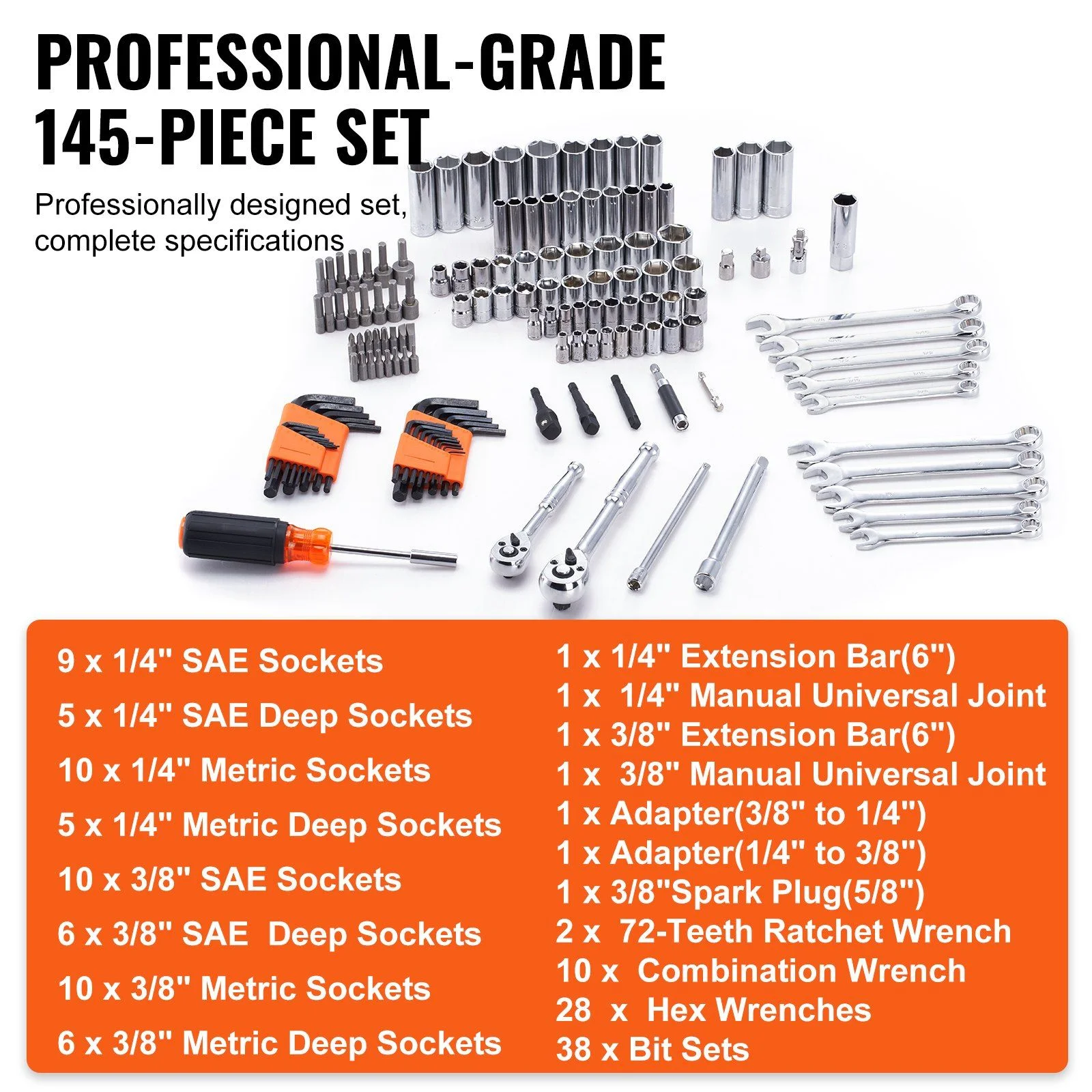 HCY Mechanics Tool Set and Socket Set, 1/4" and 3/8" Drive Deep and Standard Sockets, 145 Pcs SAE and Metric Mechanic Tool Kit with Bits, Combination Wrench, Hex Wrenches, Accessories, Storage Case