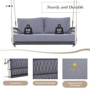 Harper & Bright Designs PE Ratten Porch Swing Chair, 2-Seater Hanging Swing Bench with Chains, All Weather Design Patio Furniture Swing for Backyard Garden Poolside, Grey and White