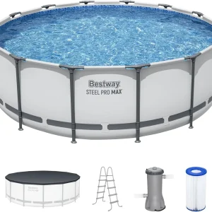 Steel Pro MAX 14 Foot x 48 Inch Round Metal Frame Above Ground Outdoor Swimming Pool Set with 1,000 Filter Pump, Ladder, and Cover, Gray