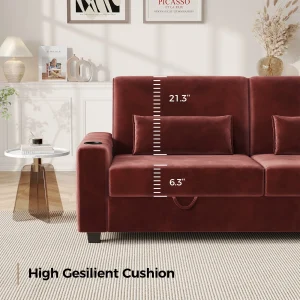87-Large Loveseat Sofa, 3 Seater Couch with Storage, Velvet Fabric Deep Seat Sofa with Pillow& Cup Holders, Modern Comfy Sofa with USB& Type-C Ports, Home Sofa Couch for Living Room Bedroom