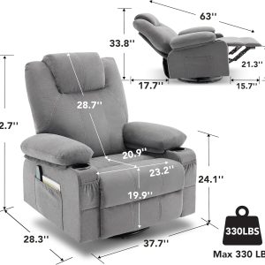 Oversized Swivel Rocker Recliner Chair with Heat and Massage, 360 Degree Swivel Rocking Single Sofa with Cup Holders and USB Port, Large Big Recliner Chair for Living Room (Leather, Brown)