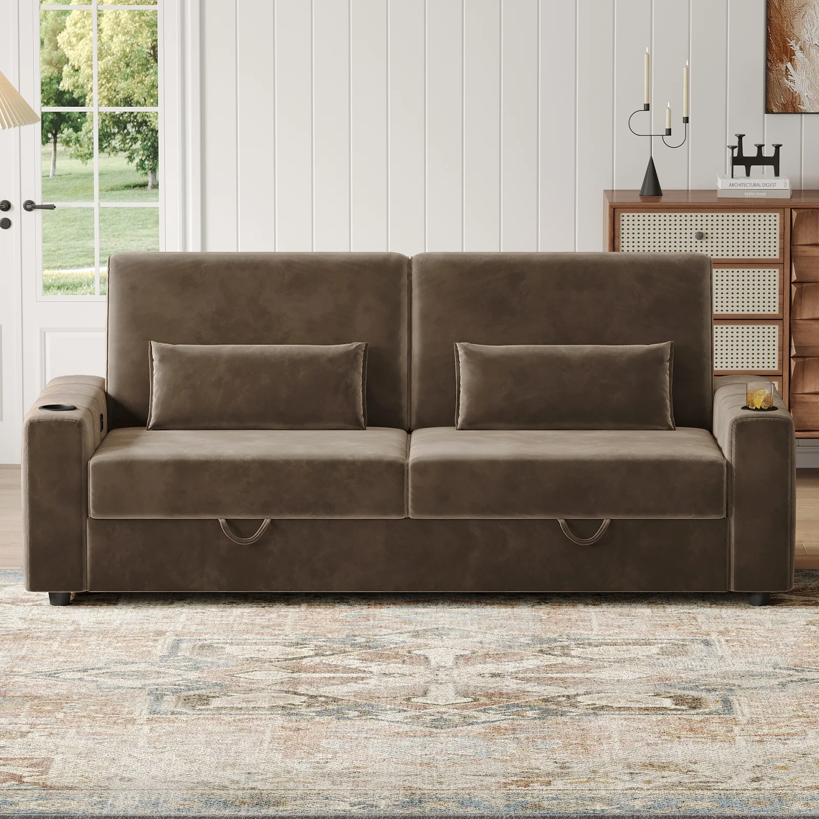 87-Large Loveseat Sofa, 3 Seater Couch with Storage, Velvet Fabric Deep Seat Sofa with Pillow& Cup Holders, Modern Comfy Sofa with USB& Type-C Ports, Home Sofa Couch for Living Room Bedroom