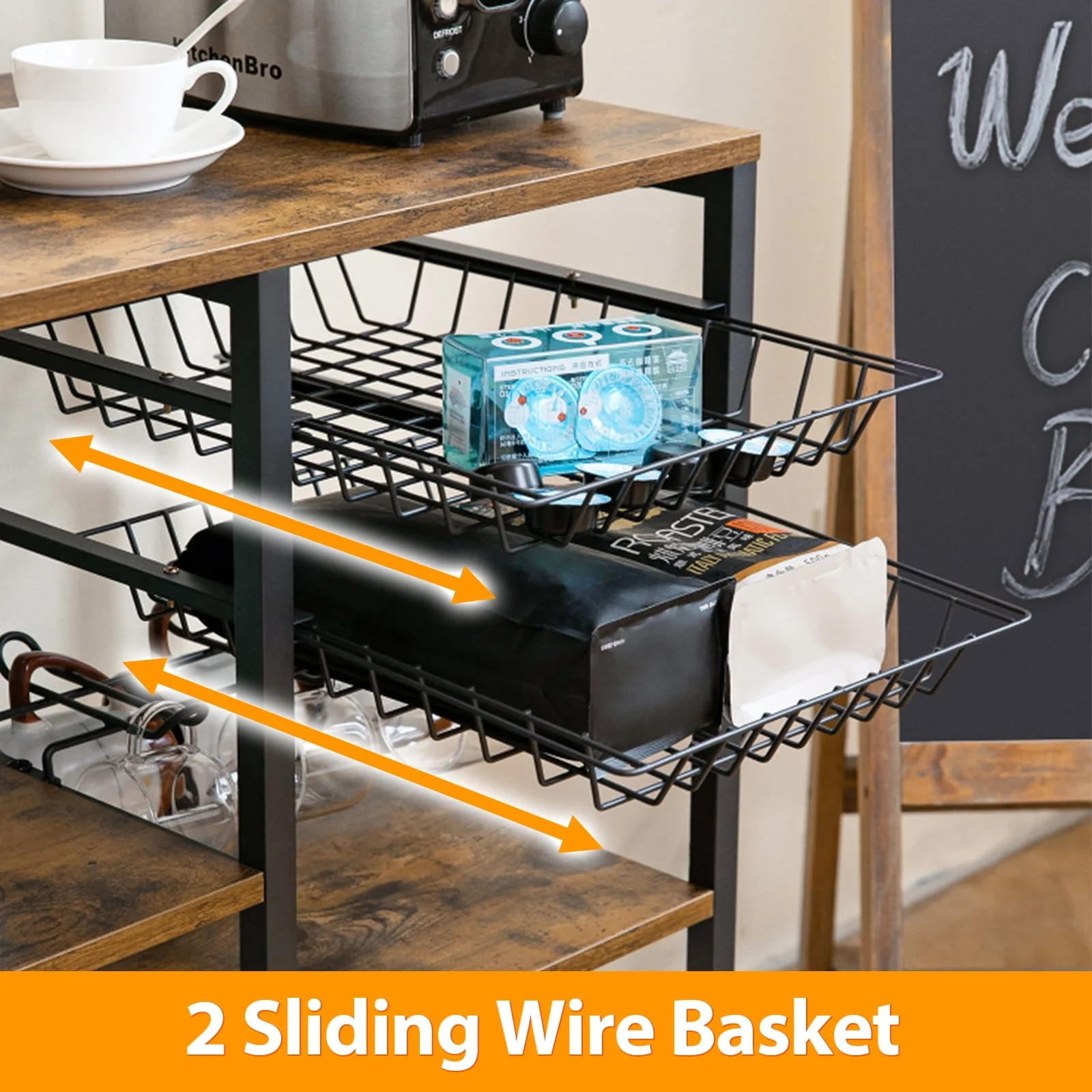Dinaza Baker's Rack with Power Outlet 4 Tier Microwave Stand with Kitchen Storage Shelf Rack Mug Holder 10 S-Shaped Hooks for Kitchen Living Room Coffee Bar Station