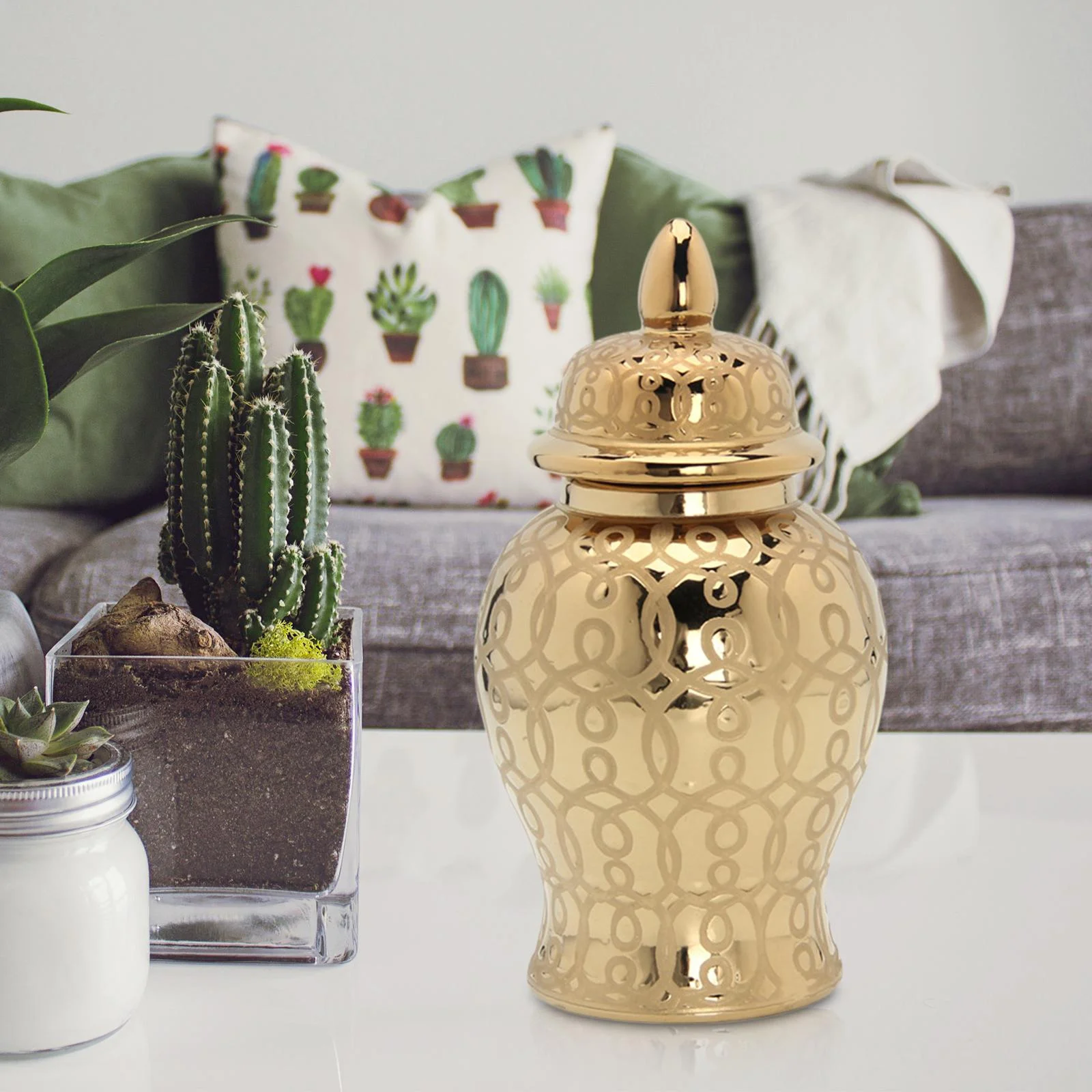 Light Ginger Jar With Lid Storage Jar Centerpiece Home Decor Floral Arrangement Vase Containers Handicraft 31x15CM