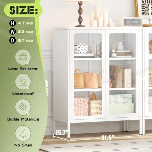 SUNCROWN Metal Storage Cabinet, Curio Display Cabinet with 2 Glass Display Door and 4 Shelves, Side Storage Organize, Modern Bookshelf Cabinet for livingroom, Bedroom, Kitchen, Black