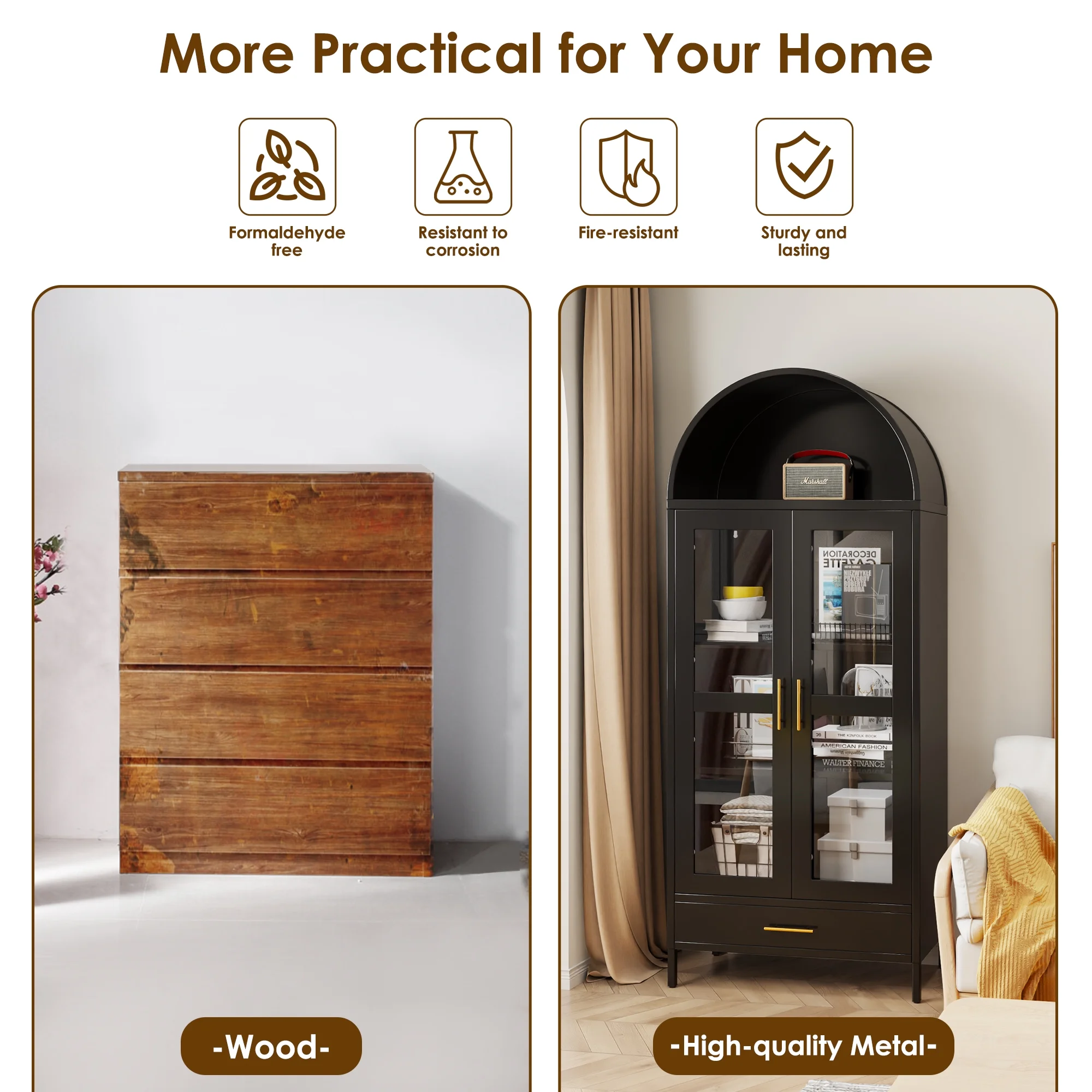 SUXXAN Metal Arched Storage Display Lockable Cabinets with Glass Doors and Adjustable Shelves, Assembly Required, Black