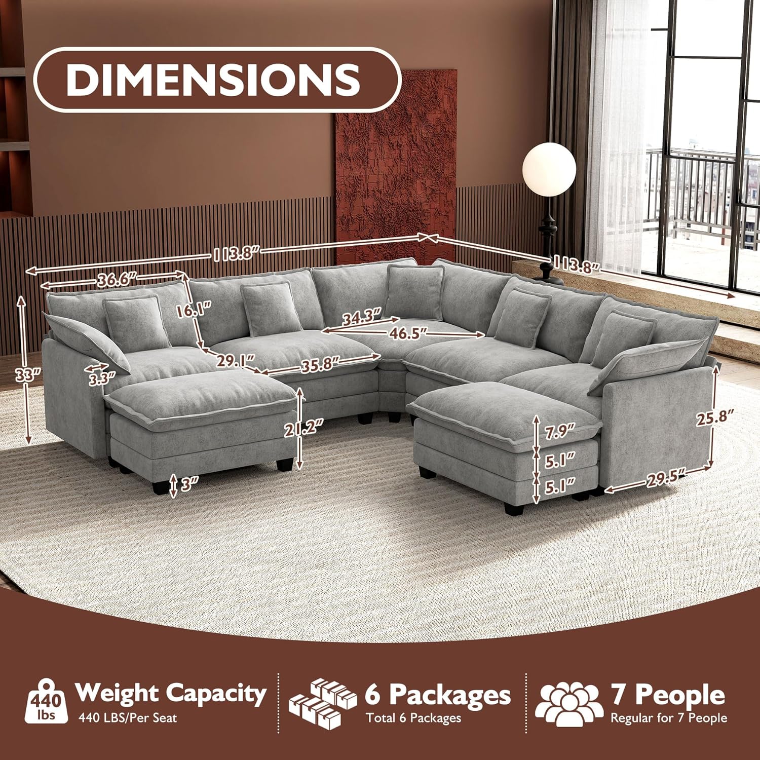 Ihanherry 146" U-Shaped Modern Sofa Modular Sectional Cloud Couch with 2 Ottoman, 6-Seat Chenille Deep Seat Sofa with 6 Pillows for Living Room, Bedroom and Apartment, Grey