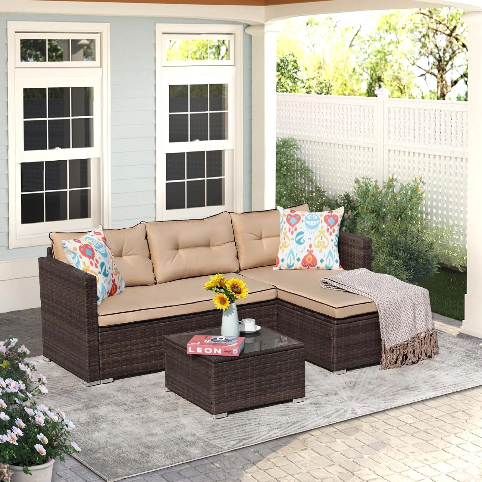JOIVI 3 Pieces Patio Conversation Set, PE Wicker Rattan Outdoor Furniture Set, 2 Ways Small Sectional Sofa, Tempered Glass Coffee Table, Silver-Gray