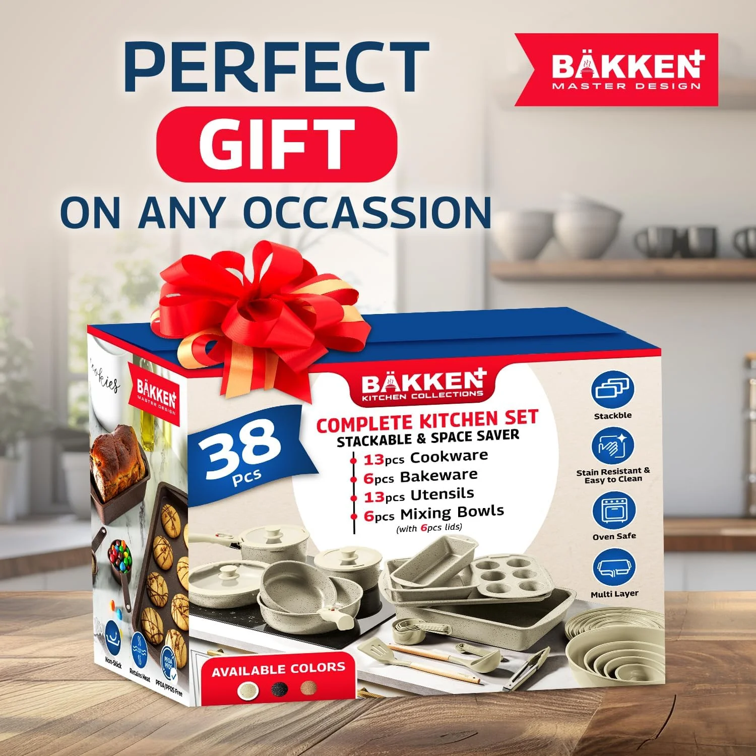 Bakken Master 38 Piece Granite Cookware and Bakeware Set -C Nonstick Granite Coating, Pots and Pans with Detachable Handles and Tempered Glass Lids, 6-piece Bakeware set, 12-piece Mixing Bowls,Brown