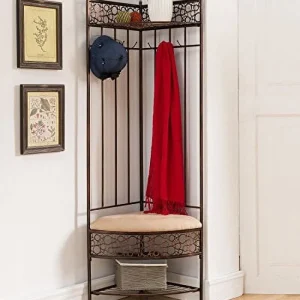 Kings Brand Furniture Brushed Copper Metal Corner Entryway Hallway Storage Bench with Coat Rack