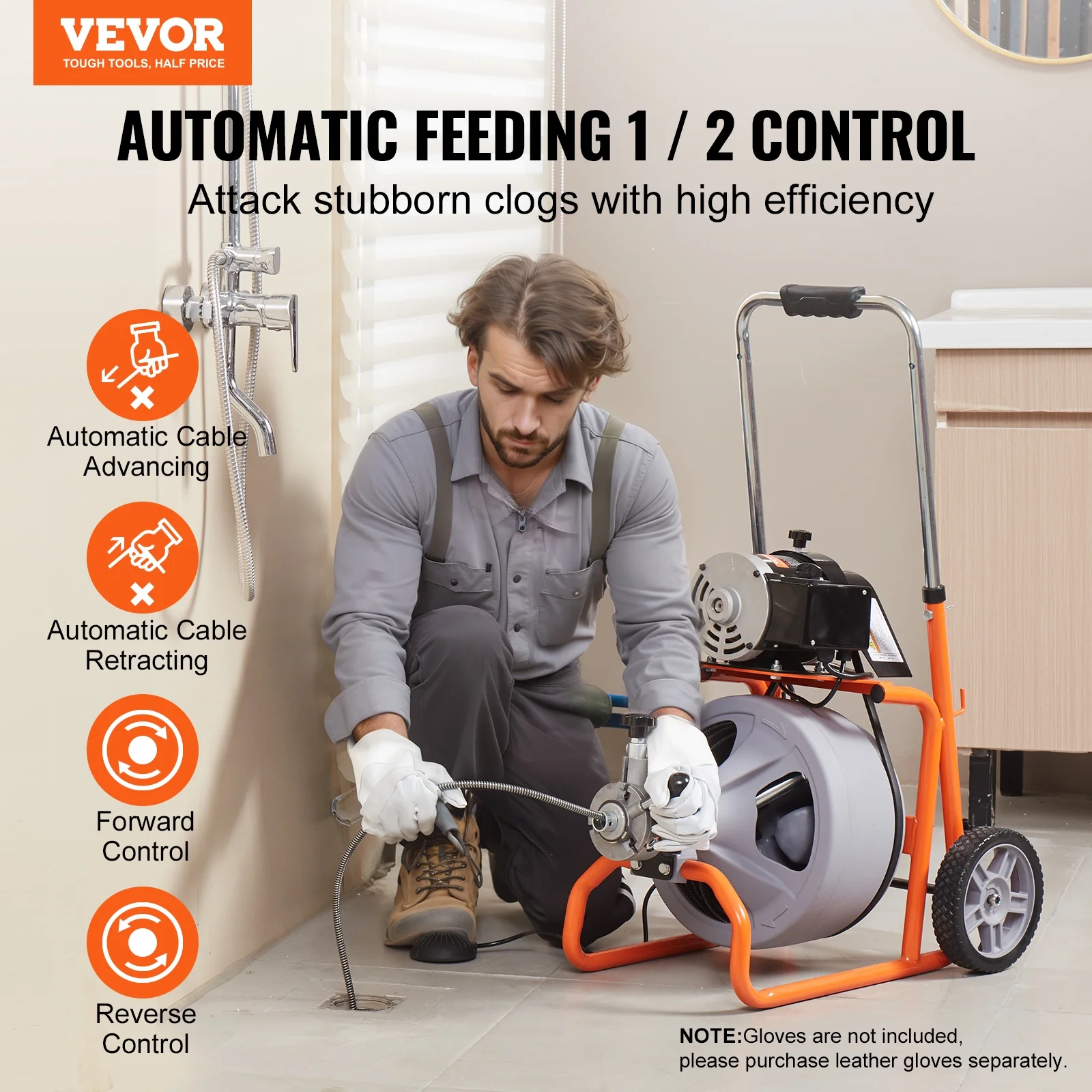VEVOR Drain Cleaner Machine 100FT x 3/8 Inch, Auto Feed Sewer Snake Drain Auger on Wheels, Portable Drain Cleaning Machine with 8 Cutters & Air-activated Foot Switch for 2" to 4" Pipes