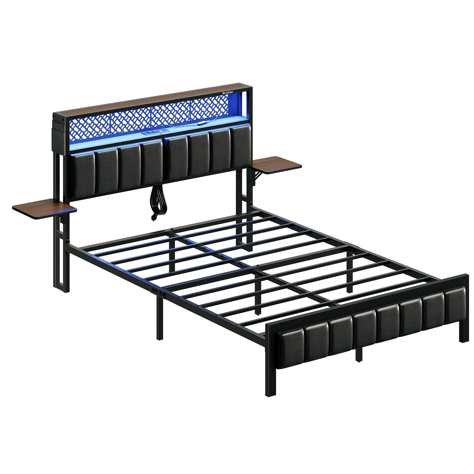 Bestier Queen Size Platform Bed Frame with Wood Foldable Bedside Shelves and LED Storage Headboard Charge Station, Gray
