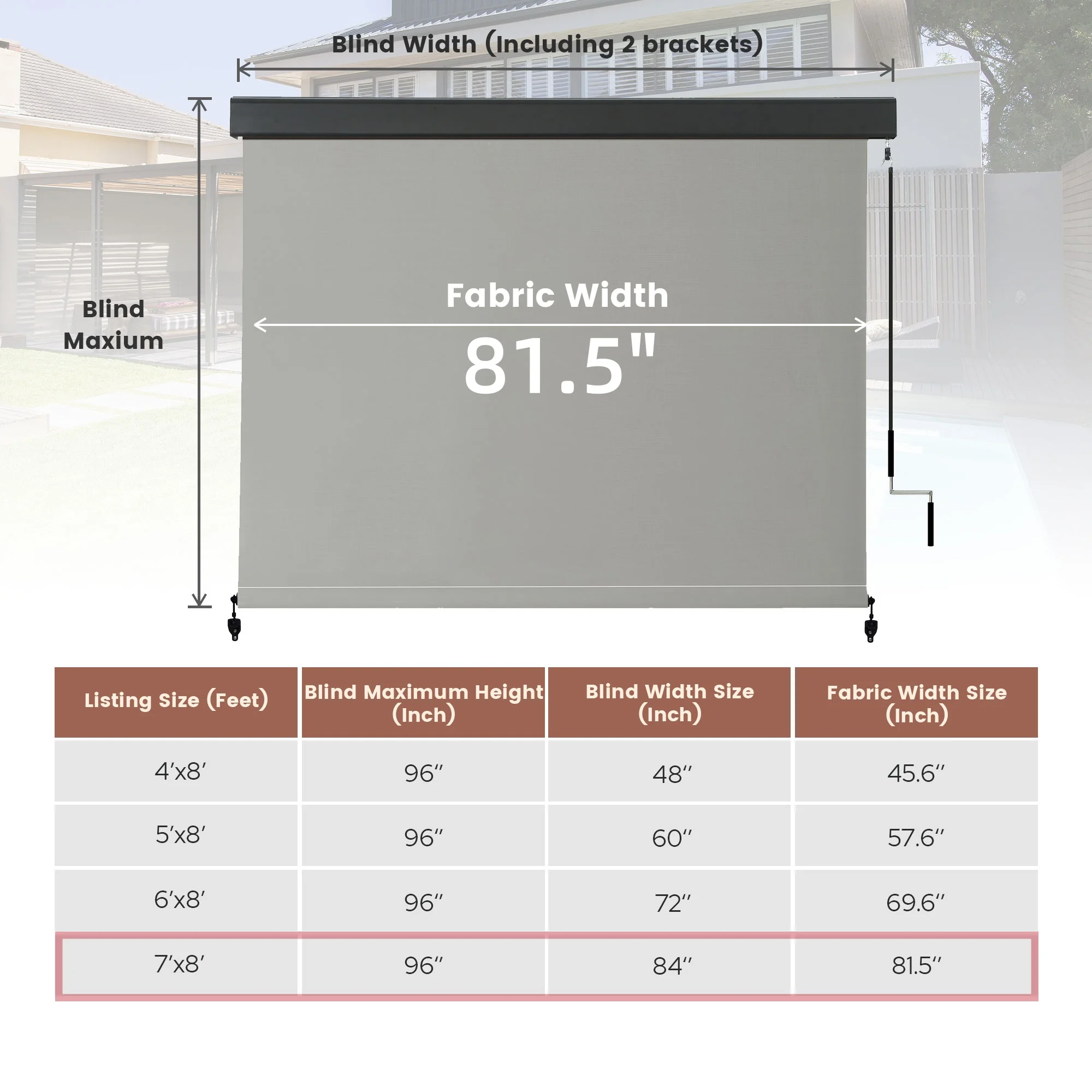 Vicllax 7'Wx8'H Outdoor Roller Shades Blinds for Patio Porch Crank Operation Solar Fabric, Light Gray