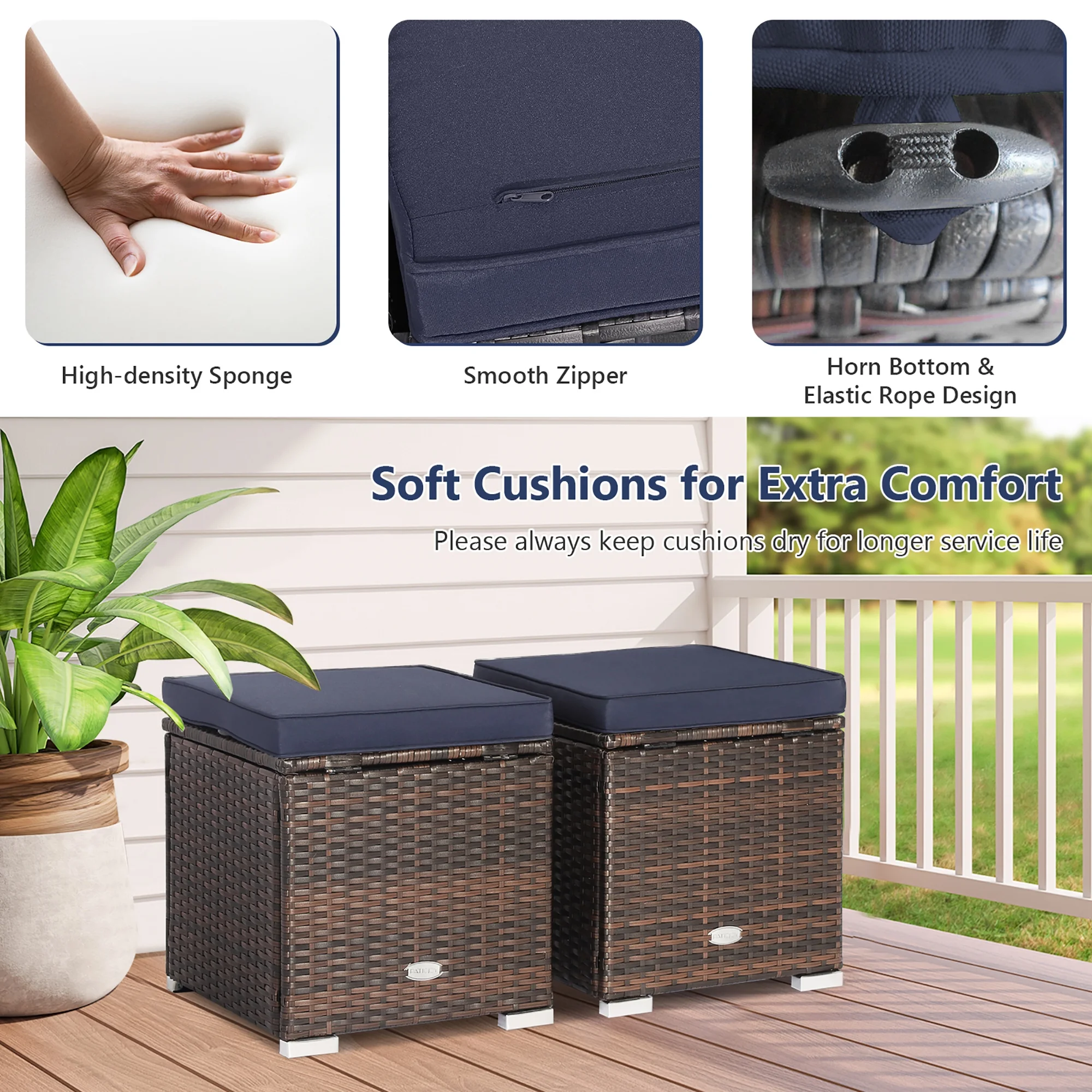 Costway 2PC Patio Rattan Ottoman Seat Side Table Storage Box Footrest Off White