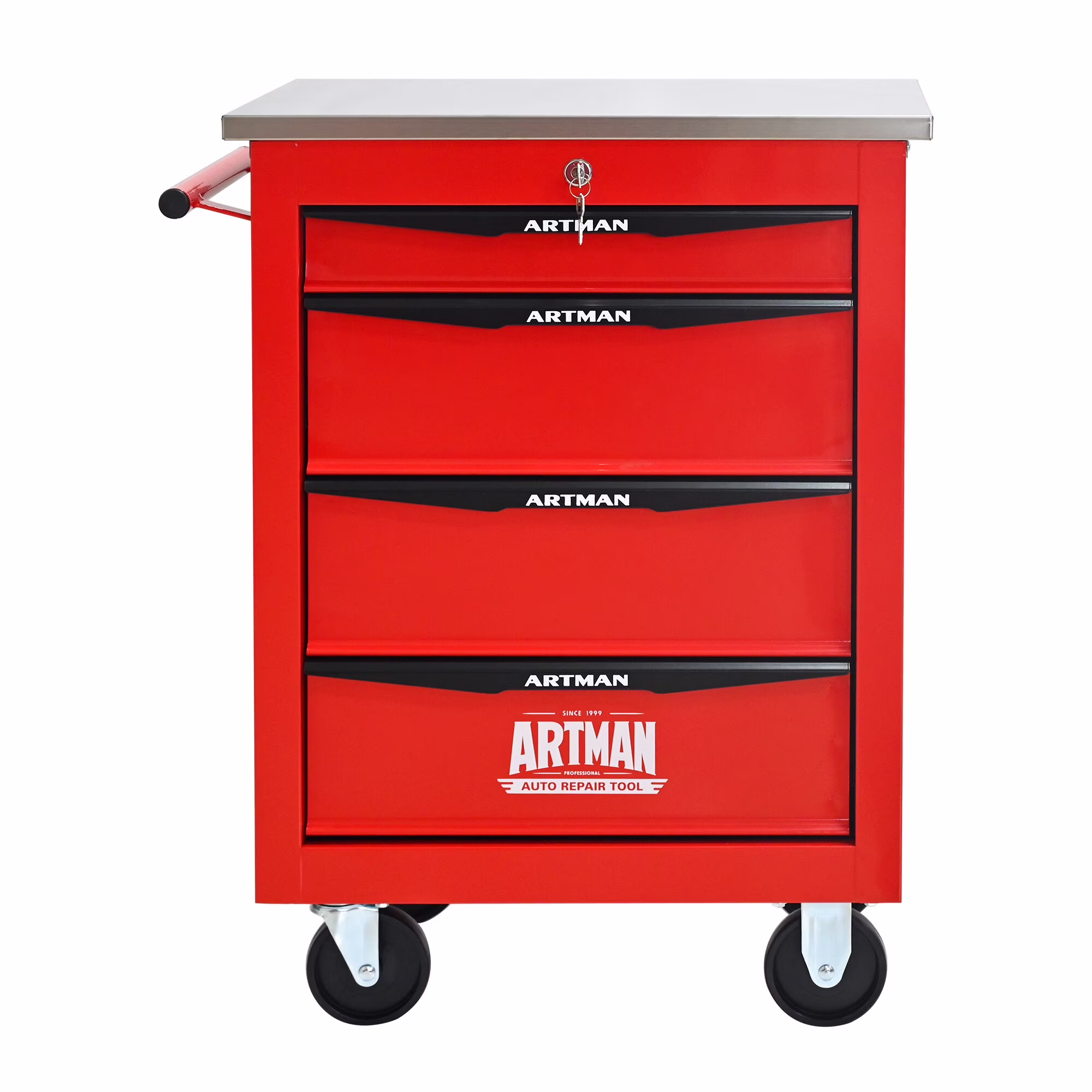 Tool Cabinets 4 Drawers Multifunctional Tool Cart with Wheels,Metal Rolling Tool Cart Storage for Garage Workshop Warehouse Repair Shop--With Stainless Steel Roof- Red&Black,Garage Tool Cabinets