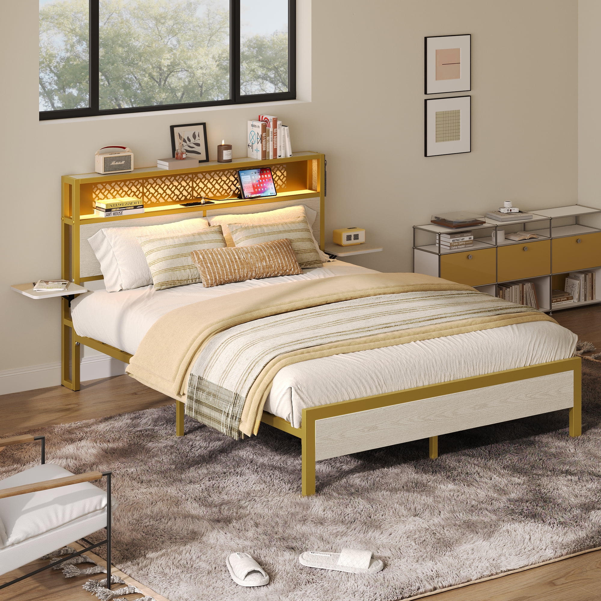 Bestier Queen Size Platform Bed Frame with Wood Foldable Bedside Shelves and LED Storage Headboard Charge Station, Gray