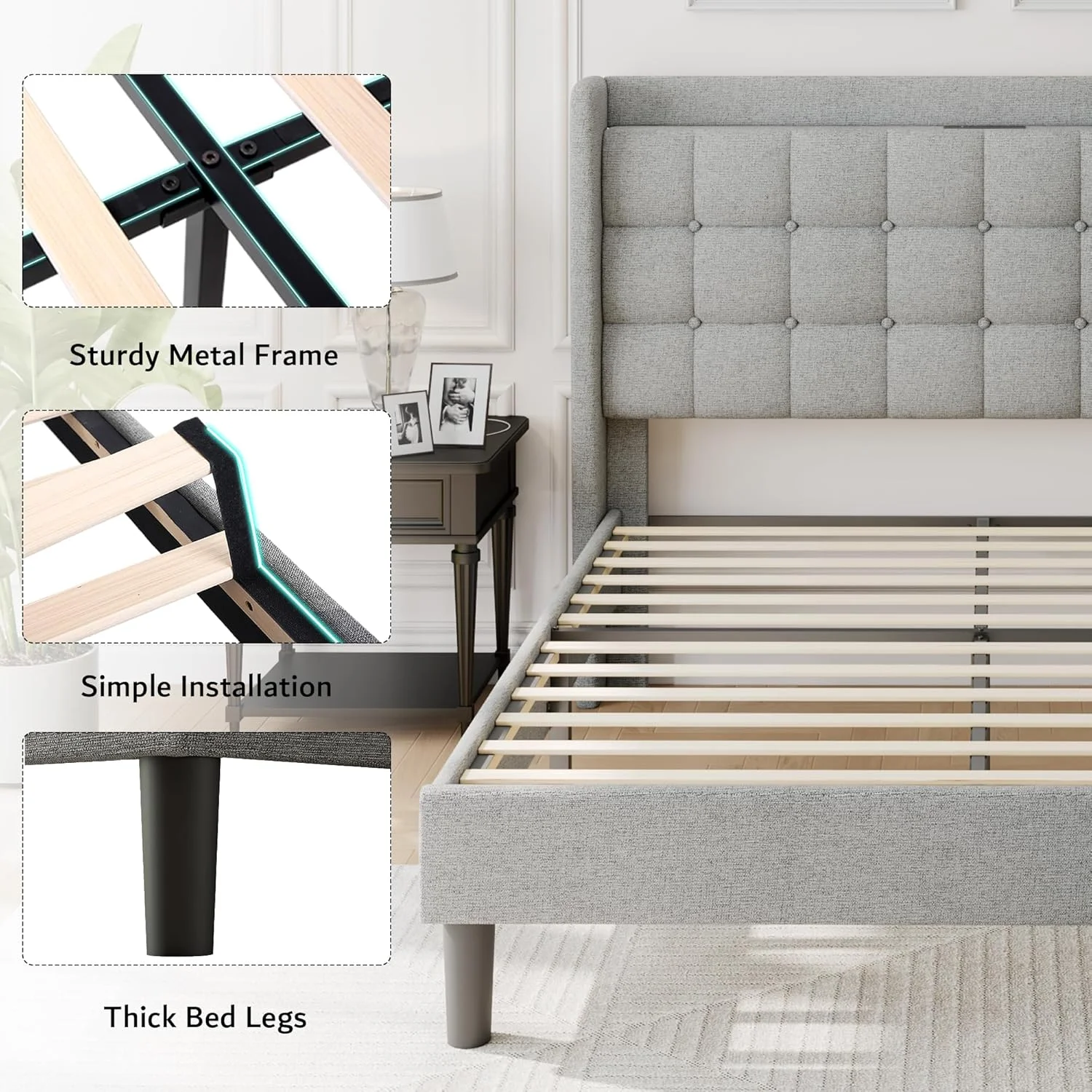 ipormis Full Size Bed Frame with Charging Station-Upholstered Platform Bed Frame with Wingback Storage Headboard, No Box Spring Needed,Light Grey