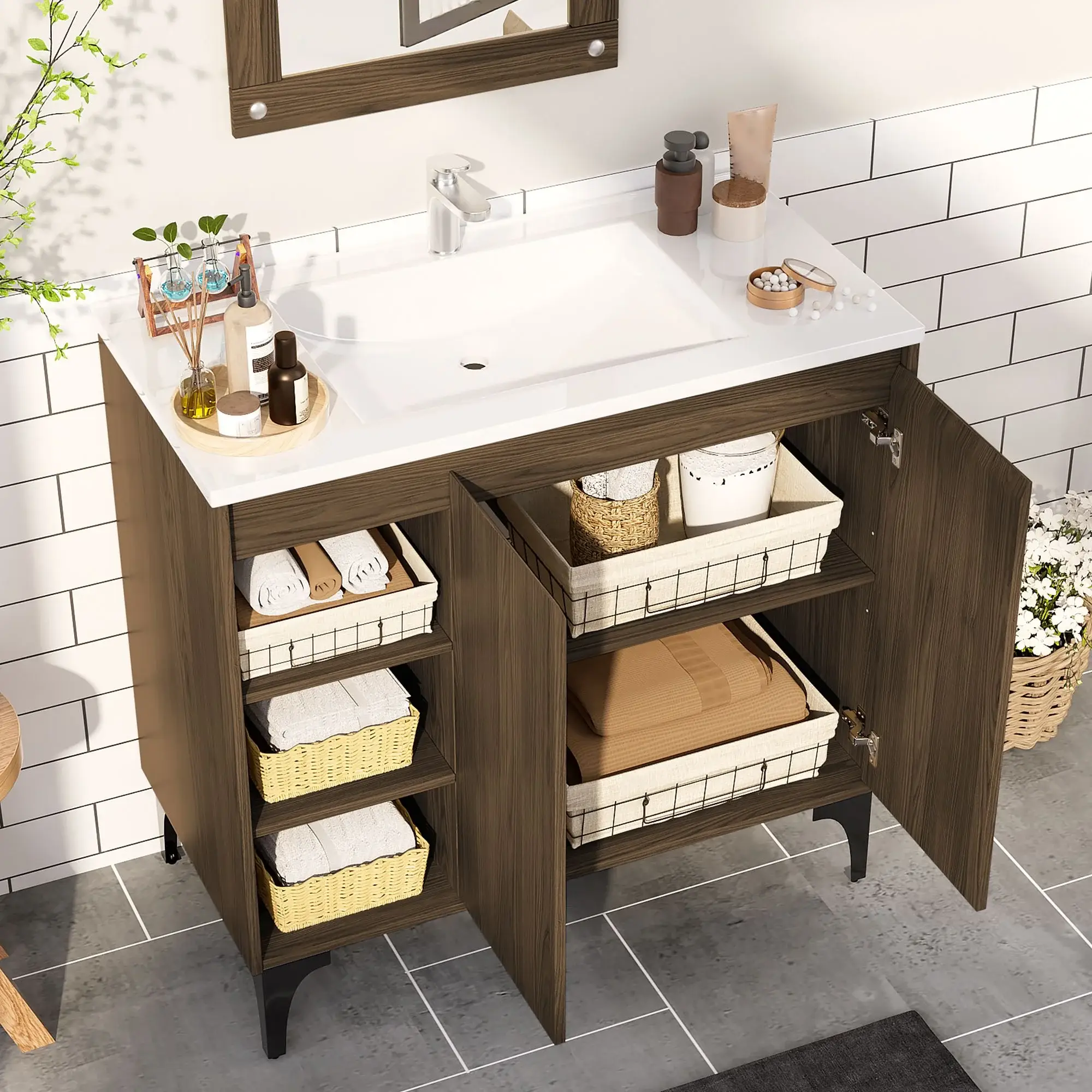 JUSTLET 36" Bathroom Vanity with Sink, Wood Bathroom Vanity Cabinet with Adjustable Shelf and Metal Legs, Bathroom Storage Cabinet with Resin Basin for Bathroom, Natural