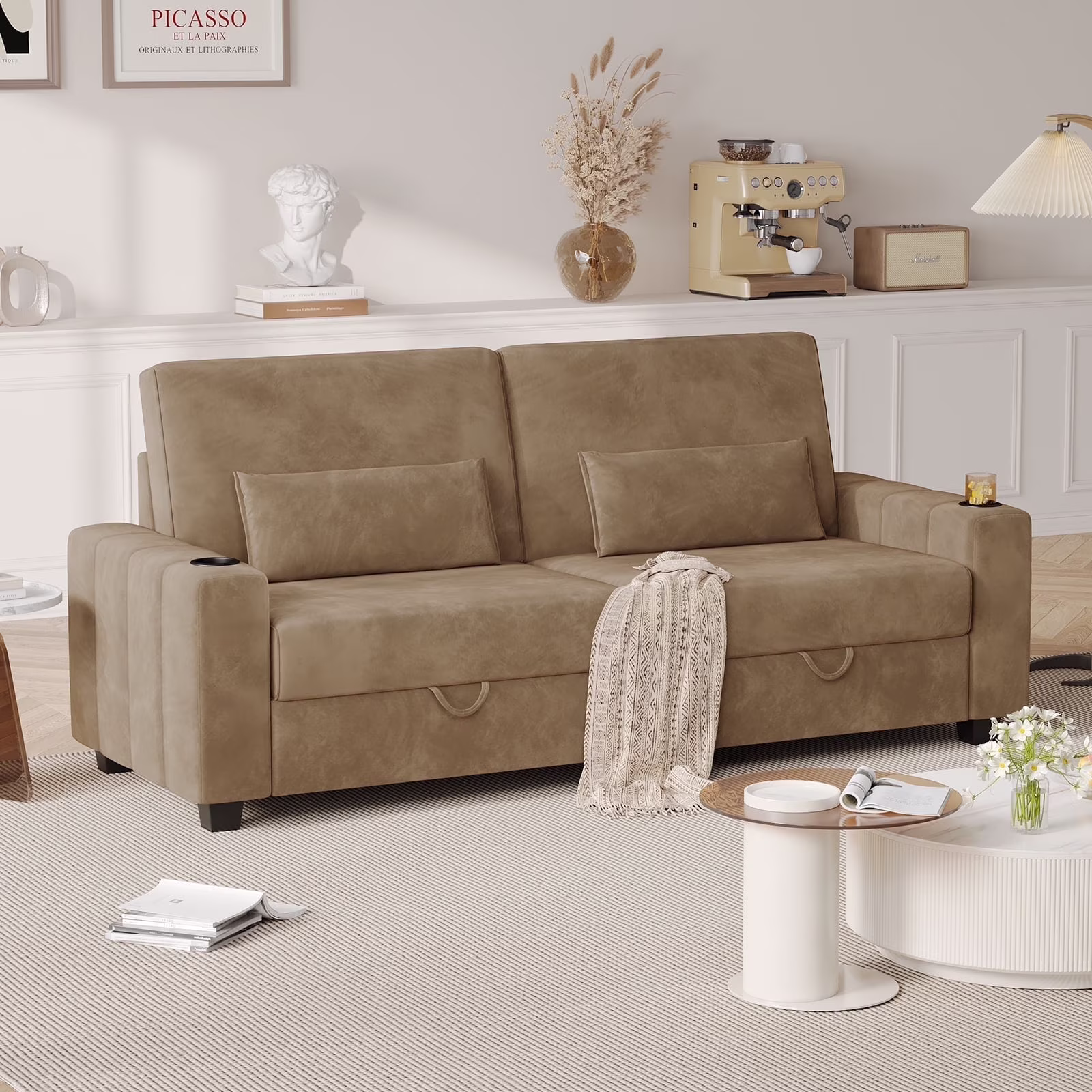 87-Large Loveseat Sofa, 3 Seater Couch with Storage, Velvet Fabric Deep Seat Sofa with Pillow& Cup Holders, Modern Comfy Sofa with USB& Type-C Ports, Home Sofa Couch for Living Room Bedroom
