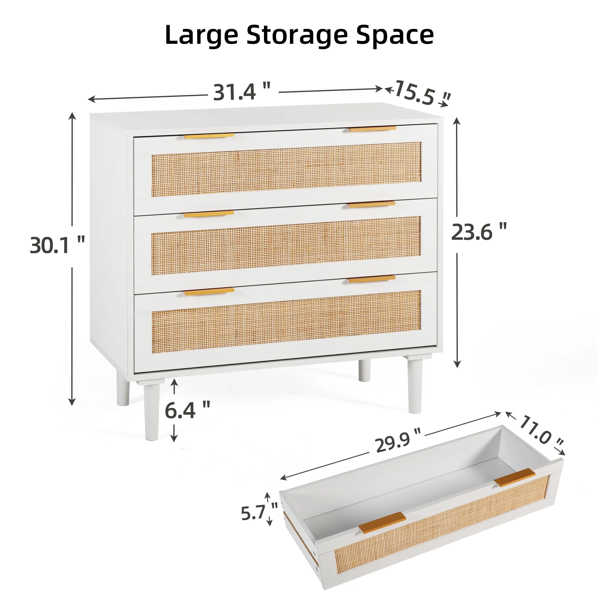 LAZZO 3 Modern Drawer Dresser Rattan, Wooden Dresser Chest of Large Storage Cabinet