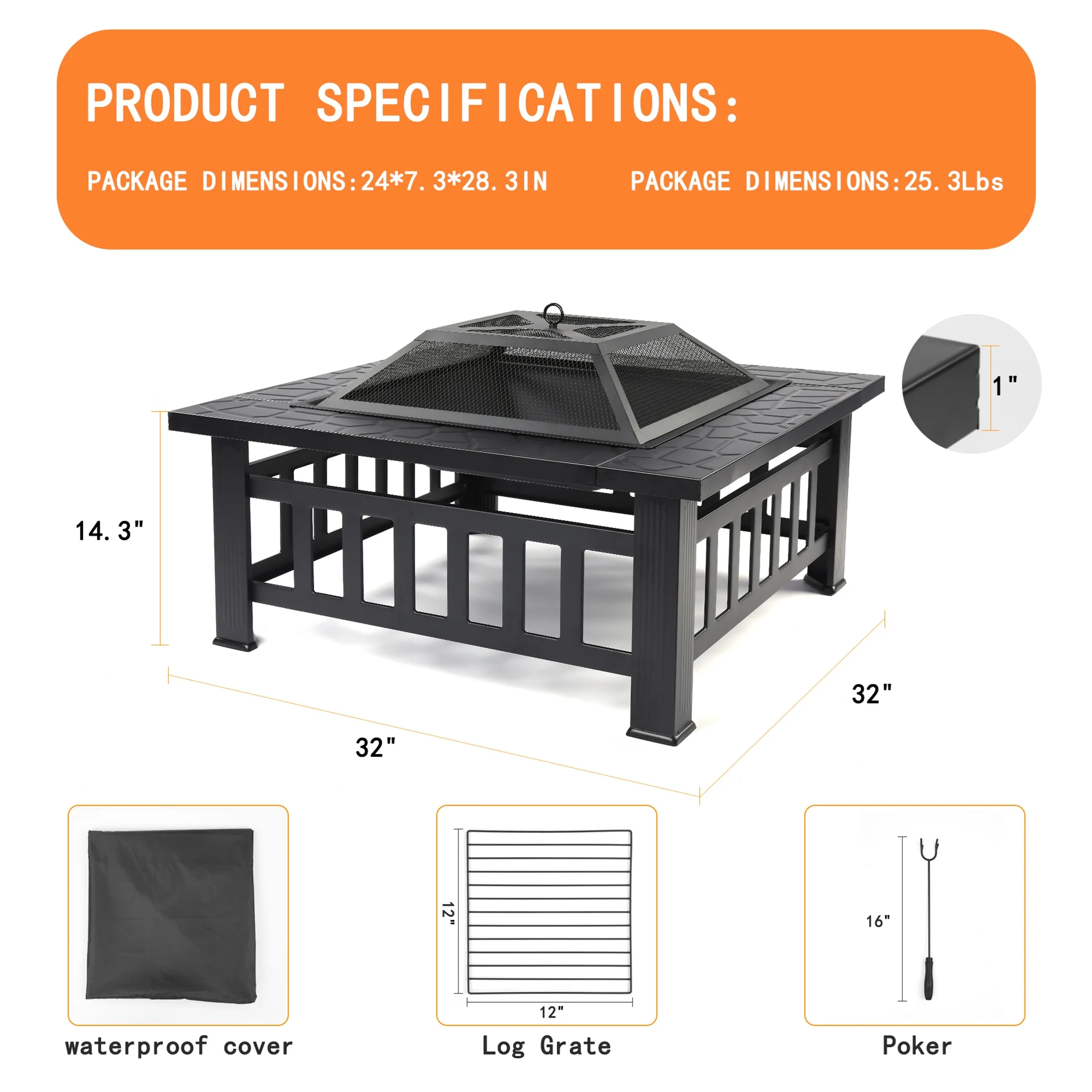 Fire Pits for Outside, UHOMEPRO 32" Square Iron Fire Pit Backyard Patio Garden Stove Wood Burning Fire Pit w/ BBQ Net, Waterprrof Cover, Mesh Screen Lid, Wood Grate, Poker, Durable Fire Pit