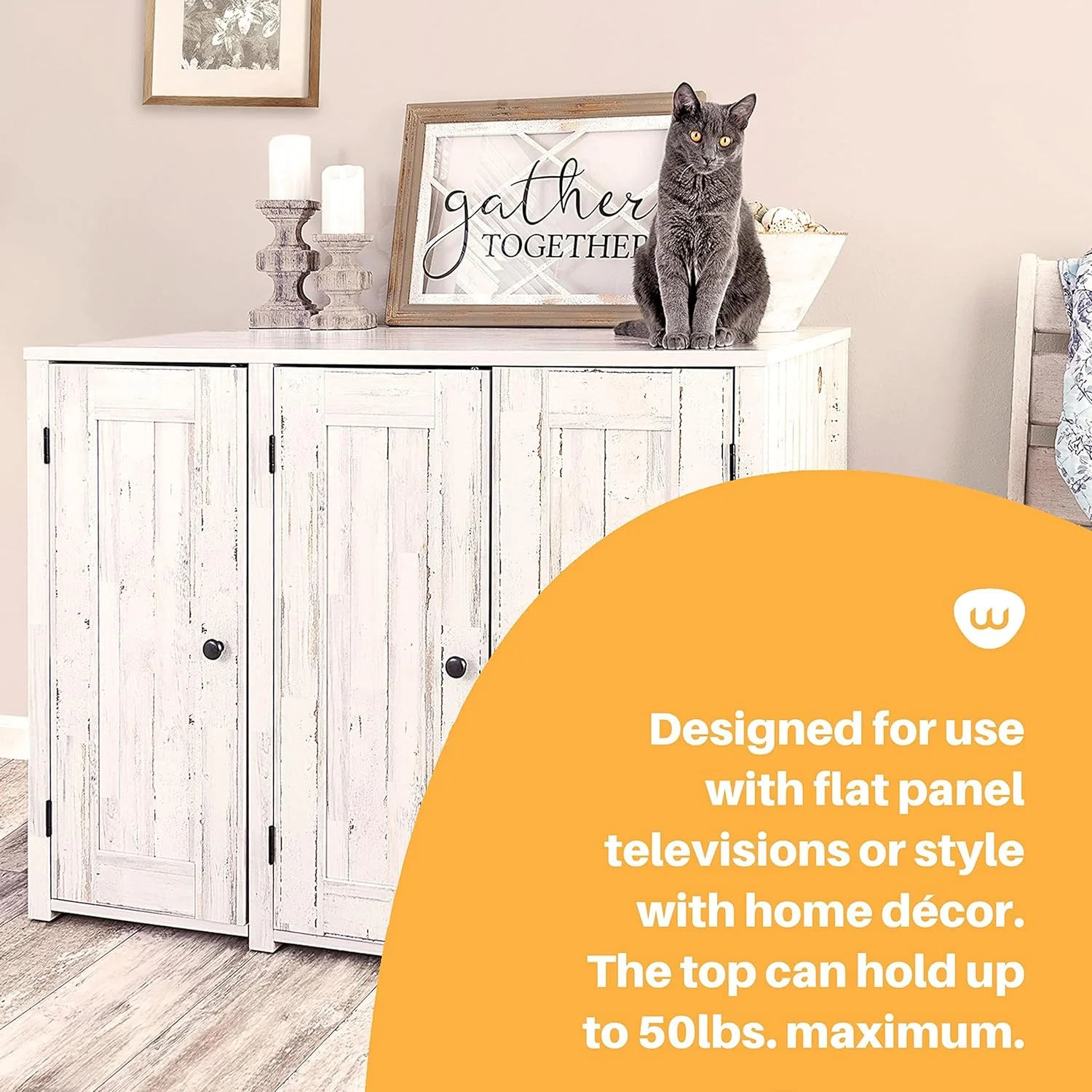 Litter-Robot Credenza with Litter Box Enclosure, Rustic White Plank Finish, 43.2” W x 28.1” D x 33.1” H, Stylish and Durable Hidden Cat Litter Box Furniture, Litter-Robot Not Included