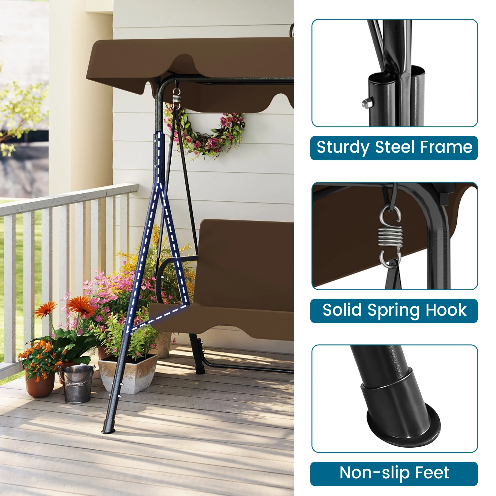 Melocadol 3 Seats Outdoor Porch Swing Glider, Patio Swing Chair with All Weather Covered Canopy and Rust Proof Heavy Duty Stand, for Garden, Lawn, or Backyard, Black