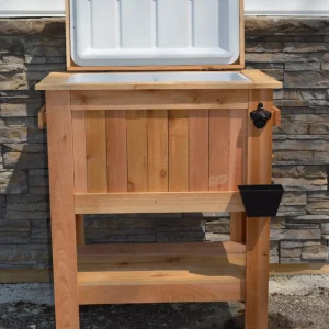 All Weather 48 Quart Antiqued Cedar Cooler Stand with Brass Drain, Bottle Opener and Cap Catcher, Beer Cooler.