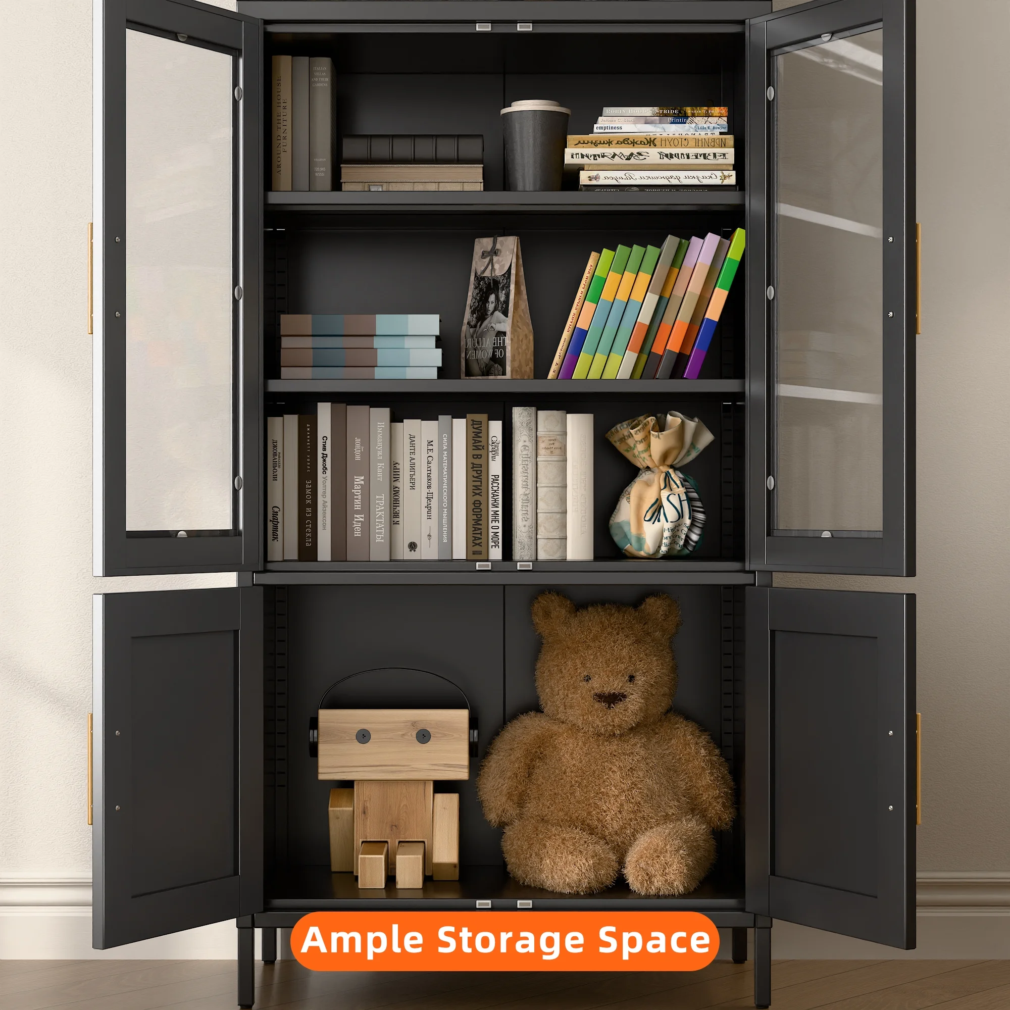 SUXXAN Metal Arched Storage Display Lockable Cabinets with Glass Doors and Adjustable Shelves, Assembly Required, Black