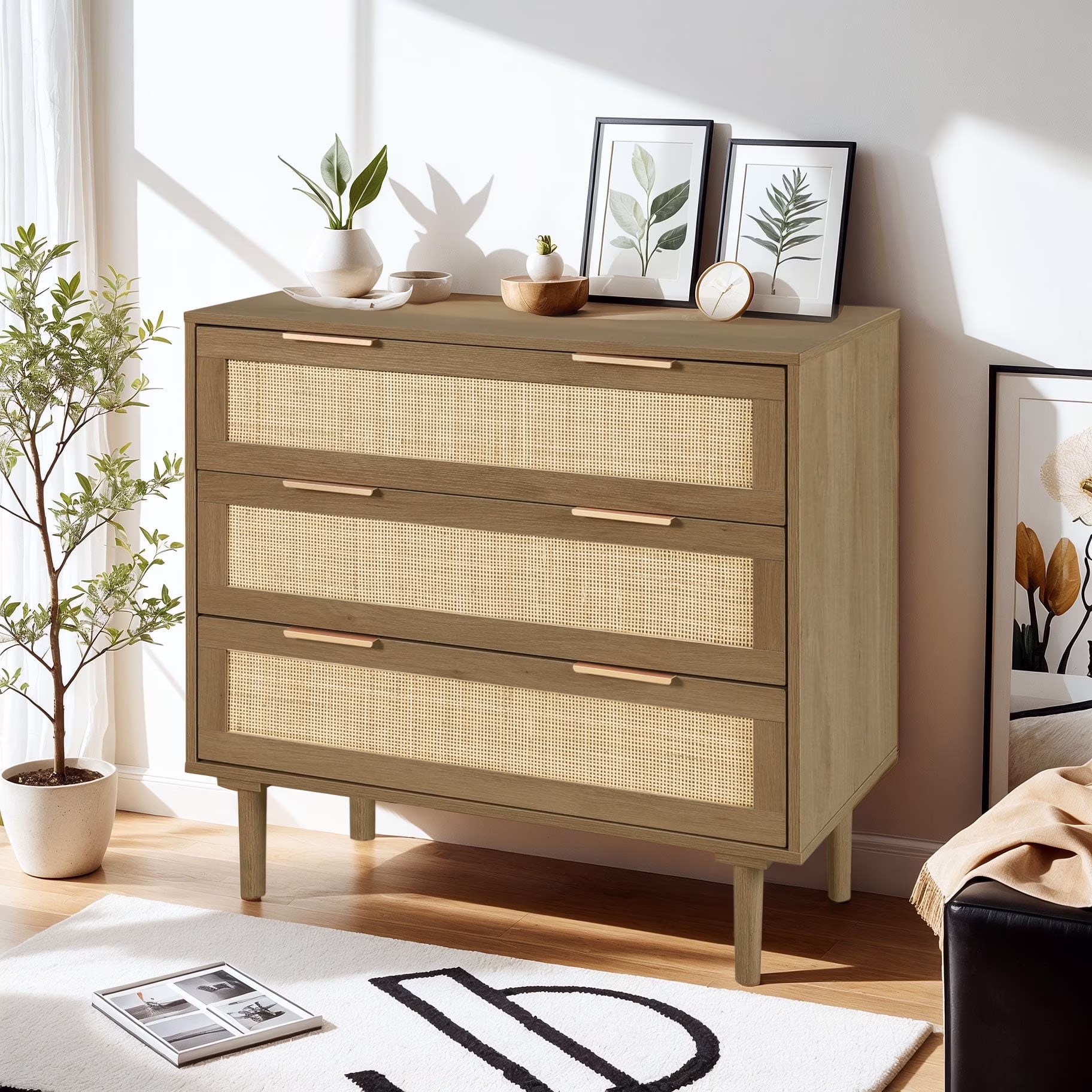 LAZZO 3 Modern Drawer Dresser Rattan, Wooden Dresser Chest of Large Storage Cabinet