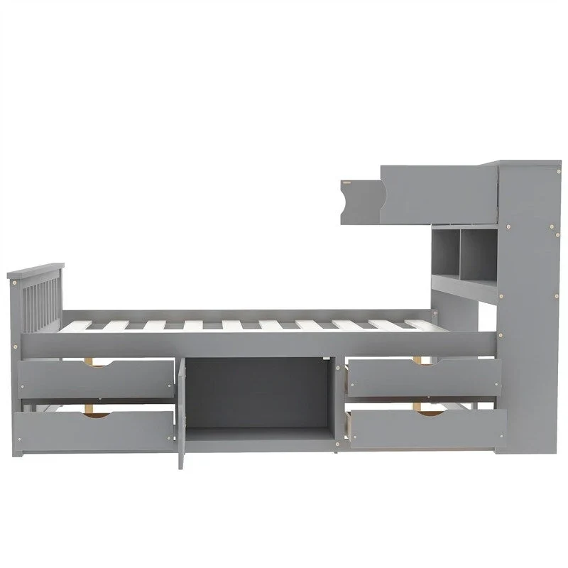 Twin/Full Size Captain Platform Bed with 4 Drawers and Storage Shelves, Solid Wood Bed Frame with Storage Bookcase Headboard