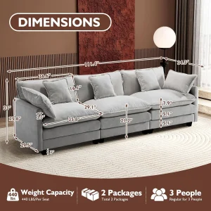 Ihanherry 146" U-Shaped Modern Sofa Modular Sectional Cloud Couch with 2 Ottoman, 6-Seat Chenille Deep Seat Sofa with 6 Pillows for Living Room, Bedroom and Apartment, Grey